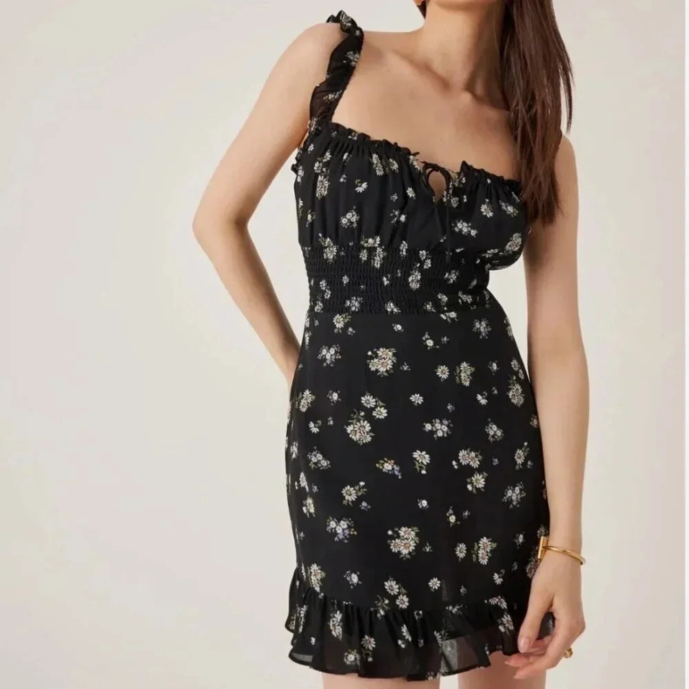 Reformation Silvia Mini Dress Sleeveless Floral Daisy Printed Black Size Small